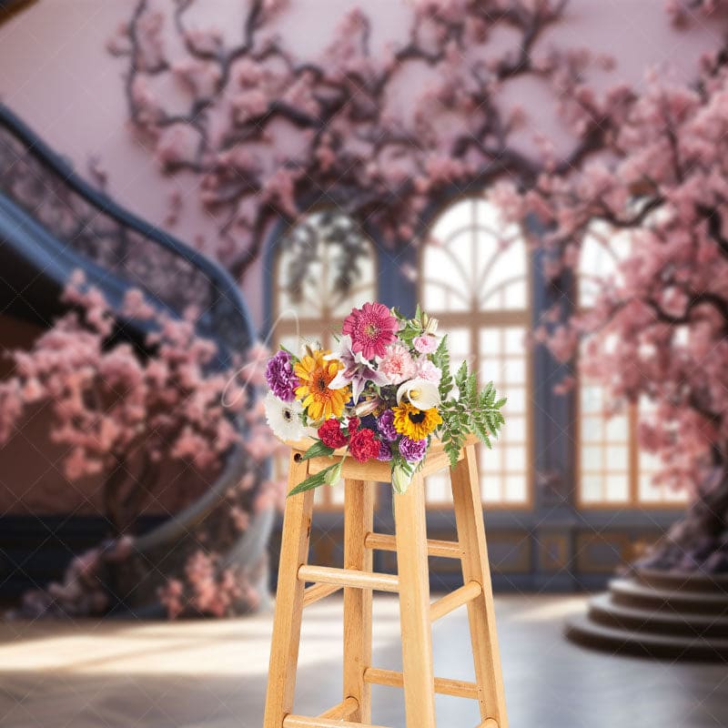 Aperturee - Aperturee Indoor Palace Stairs Pink Tree Architecture Backdrop