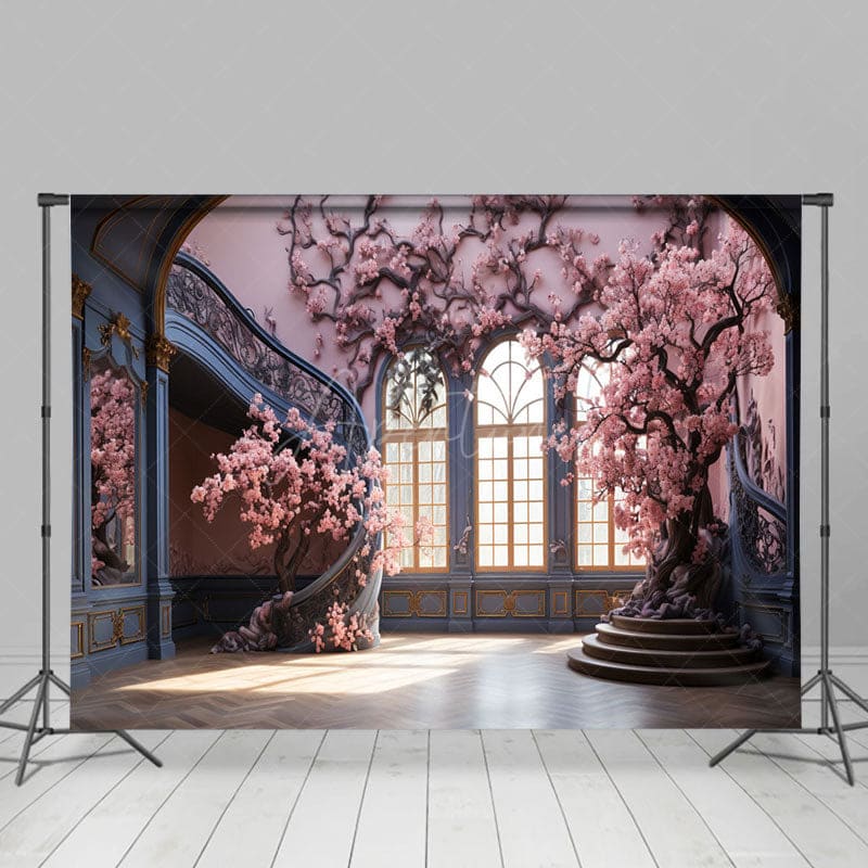 Aperturee - Aperturee Indoor Palace Stairs Pink Tree Architecture Backdrop