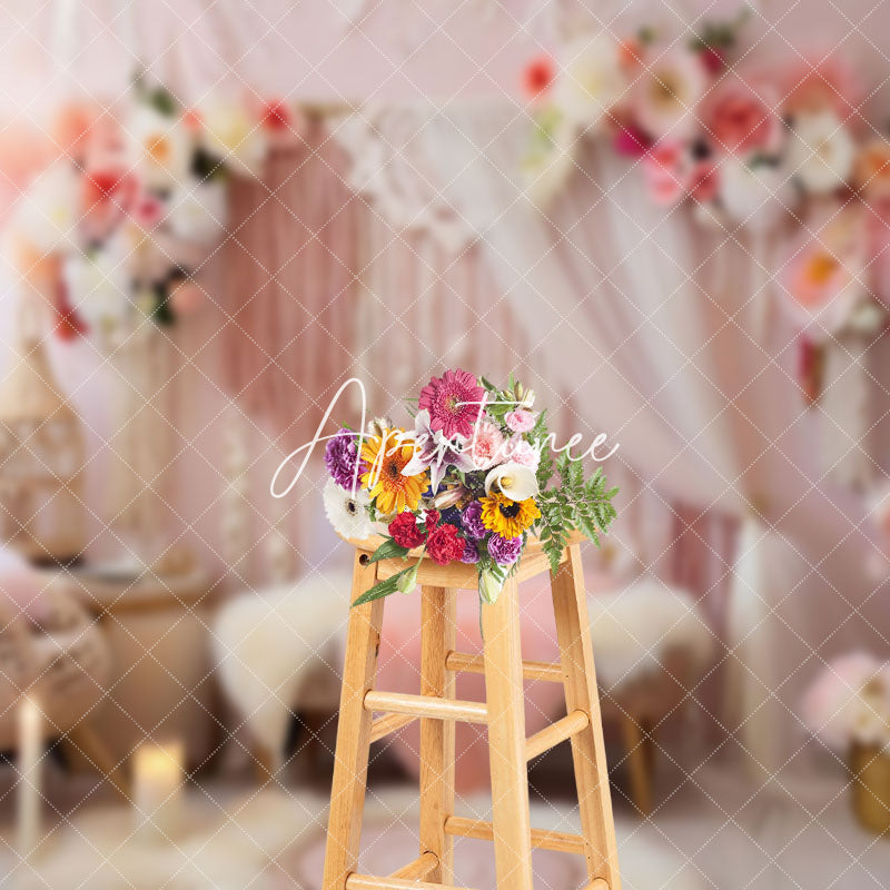 Aperturee - Aperturee Indoor Pink Boho Tassel Floral Candle Photo Backdrop