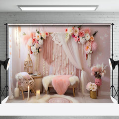 Aperturee - Aperturee Indoor Pink Boho Tassel Floral Candle Photo Backdrop