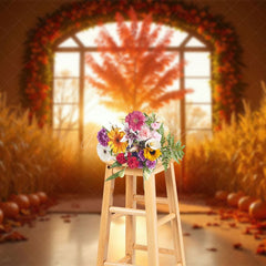 Aperturee - Aperturee Indoor Pumpkins Wheat Floral Autumn Photo Backdrop