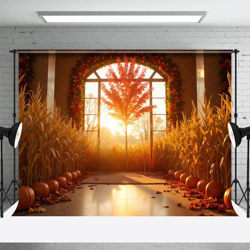 Aperturee - Aperturee Indoor Pumpkins Wheat Floral Autumn Photo Backdrop