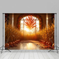 Aperturee - Aperturee Indoor Pumpkins Wheat Floral Autumn Photo Backdrop