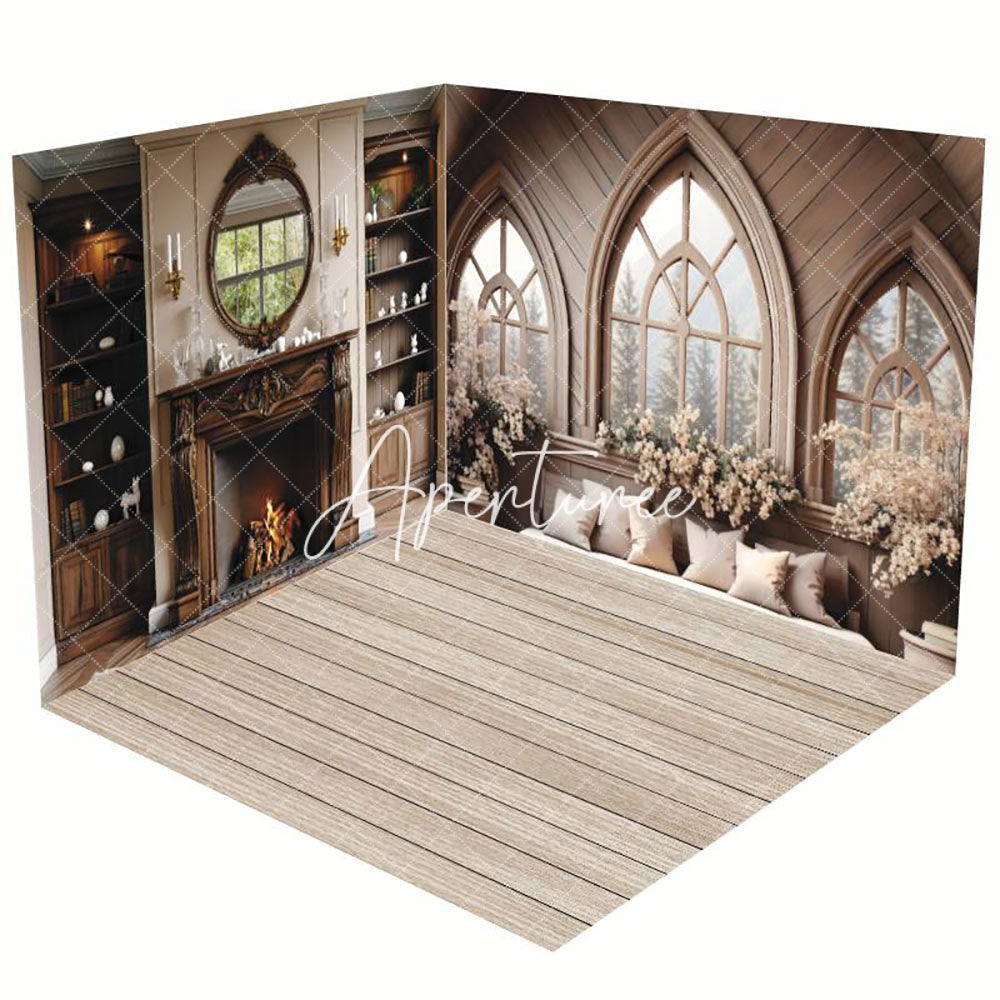 Aperturee - Aperturee Indoor Retro Fireplace Window Scene Room Set Backdrop