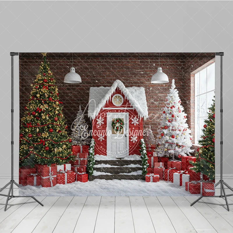 Aperturee - Aperturee Industrial Christmas Loft Photography Backdrop Red House with Brick Wall Snowy Holiday Mini Session Background