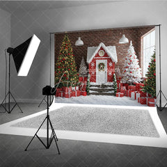 Aperturee - Aperturee Industrial Christmas Loft Photography Backdrop Red House with Brick Wall Snowy Holiday Mini Session Background
