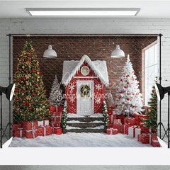Aperturee - Aperturee Industrial Christmas Loft Photography Backdrop Red House with Brick Wall Snowy Holiday Mini Session Background