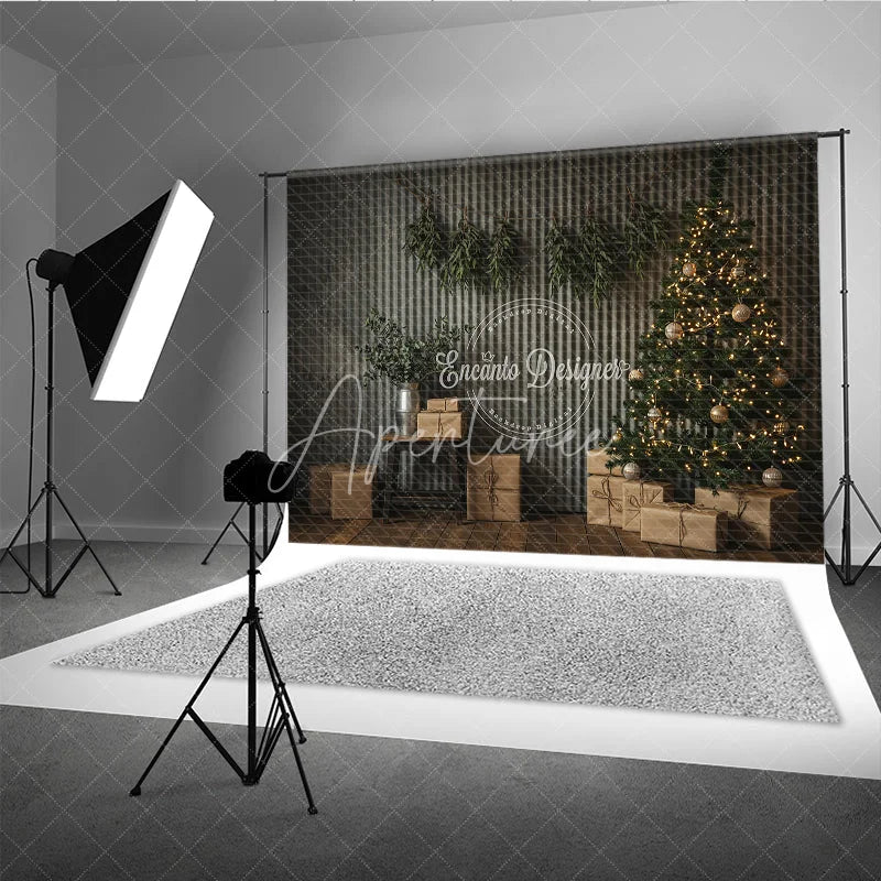 Aperturee - Aperturee Industrial Christmas Photography Backdrop Corrugated Metal Wall with Tree Modern Minimalist Holiday Background