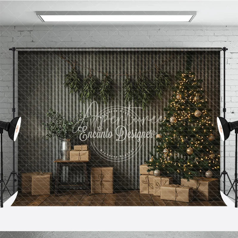 Aperturee - Aperturee Industrial Christmas Photography Backdrop Corrugated Metal Wall with Tree Modern Minimalist Holiday Background