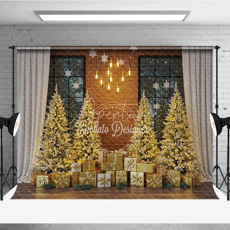 Aperturee - Aperturee Industrial Loft Christmas Photography Backdrop Brick Wall with Gold Trees Modern Holiday Mini Session Background