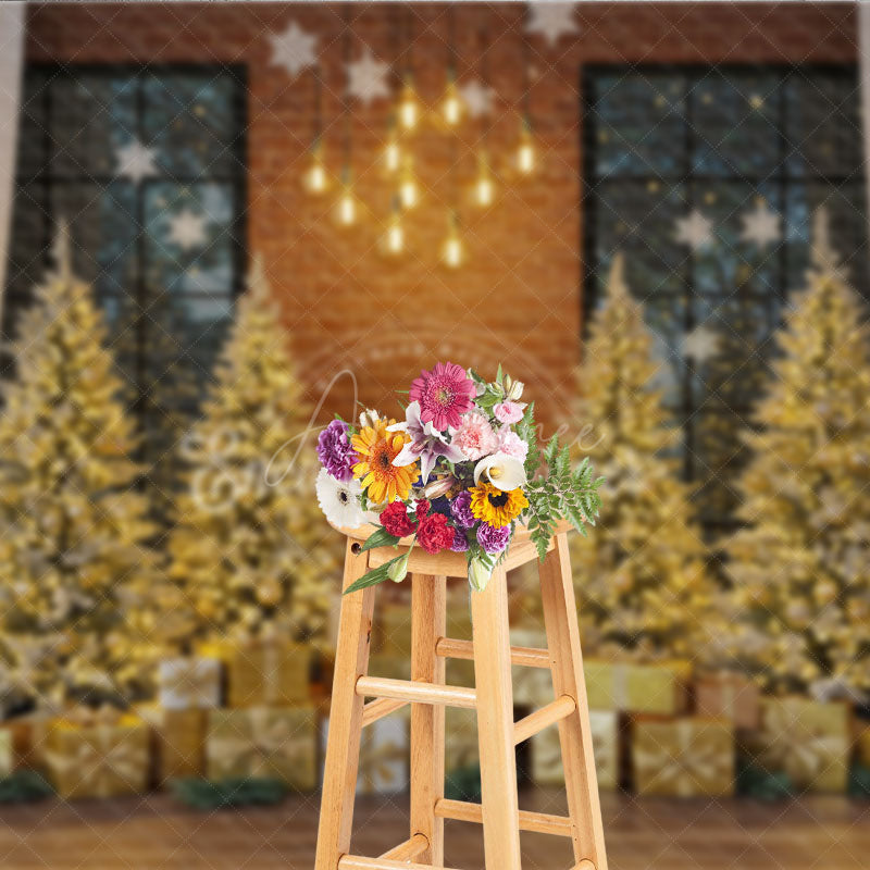 Aperturee - Aperturee Industrial Loft Christmas Photography Backdrop Brick Wall with Gold Trees Modern Holiday Mini Session Background