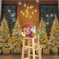 Aperturee - Aperturee Industrial Loft Christmas Photography Backdrop Brick Wall with Gold Trees Modern Holiday Mini Session Background