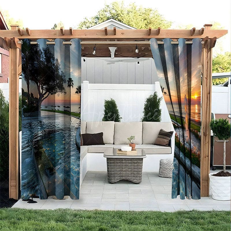 Aperturee - Aperturee Infinity Pool Waterproof Printed Outdoor Curtains