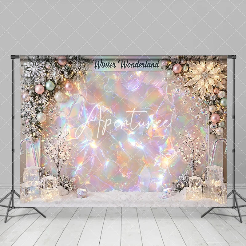 Aperturee - Aperturee Iridescent Holographic Winter Wonderland Photography Backdrop Dreamy Snowflakes and Ornaments Decor