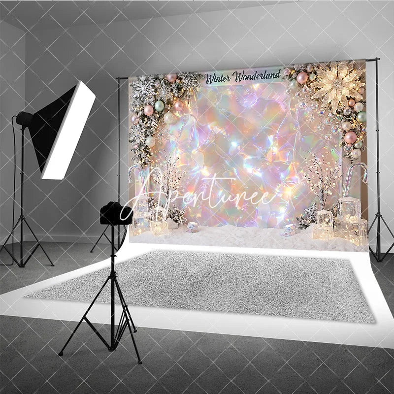 Aperturee - Aperturee Iridescent Holographic Winter Wonderland Photography Backdrop Dreamy Snowflakes and Ornaments Decor