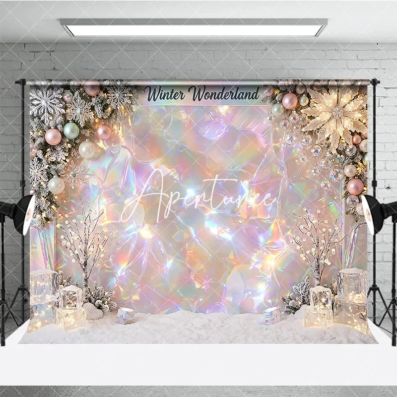 Aperturee - Aperturee Iridescent Holographic Winter Wonderland Photography Backdrop Dreamy Snowflakes and Ornaments Decor