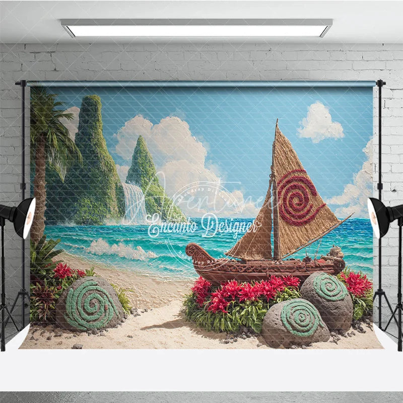 Aperturee - Aperturee Island Adventure Backdrop Tropical Beach Voyager Boat Banner Polynesian Luau Party Supplies Photo Booth Props