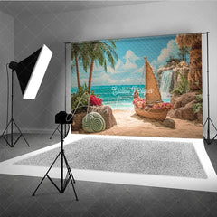 Aperturee - Aperturee Island Beach Backdrop Tropical Voyager Boat Photo Background Ocean Palm Trees Waterfall Party Props for Summer Luau