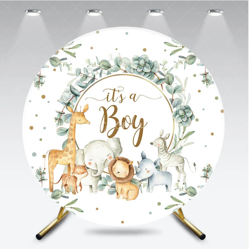 Aperturee - Aperturee It is a Boy Round Backdrop Safari Animals and Eucalyptus Leaves Baby Shower Party Decoration
