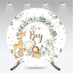 Aperturee - Aperturee It is a Boy Round Backdrop Safari Animals and Eucalyptus Leaves Baby Shower Party Decoration
