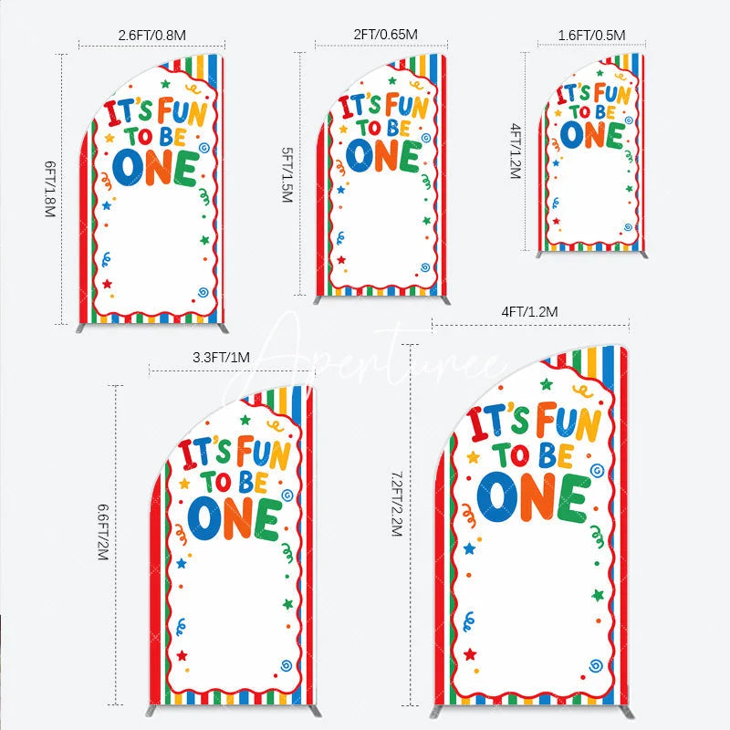 Aperturee - Aperturee It’s Fun to Be One Half Moon Arch Backdrop Colorful Striped First Birthday Party Decor