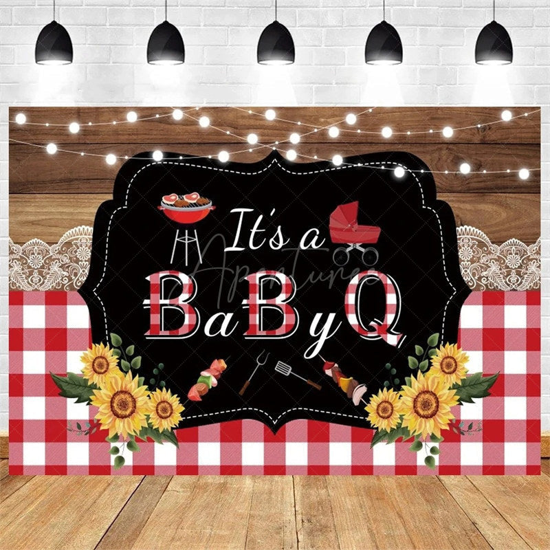 Aperturee - Aperturee It’s a Baby Q Summer Barbecue Baby Shower Backdrop Red Plaid with a Rustic Vibe Fun Outdoor Party Decoration