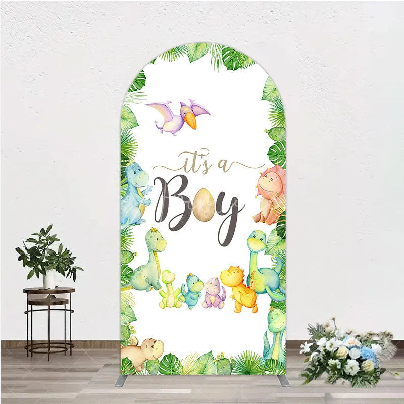 Aperturee - Aperturee It’s a Boy Dinosaur Arch Backdrop for Baby Shower Watercolor Jungle Animals Theme Tropical Dino Party Decor