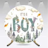 Aperturee - Aperturee Its a Boy Dragon Kingdom Round Backdrop Watercolor Fairytale Castle and Clouds Baby Background