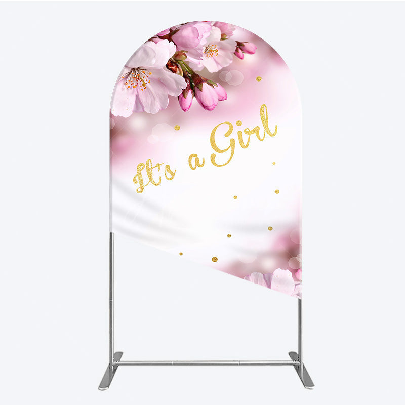 Aperturee Aperturee It’s a Girl Arch Backdrop for Baby Shower Pink Cherry Blossom and Gold Glitter Spring Floral Welcome Sign Decor