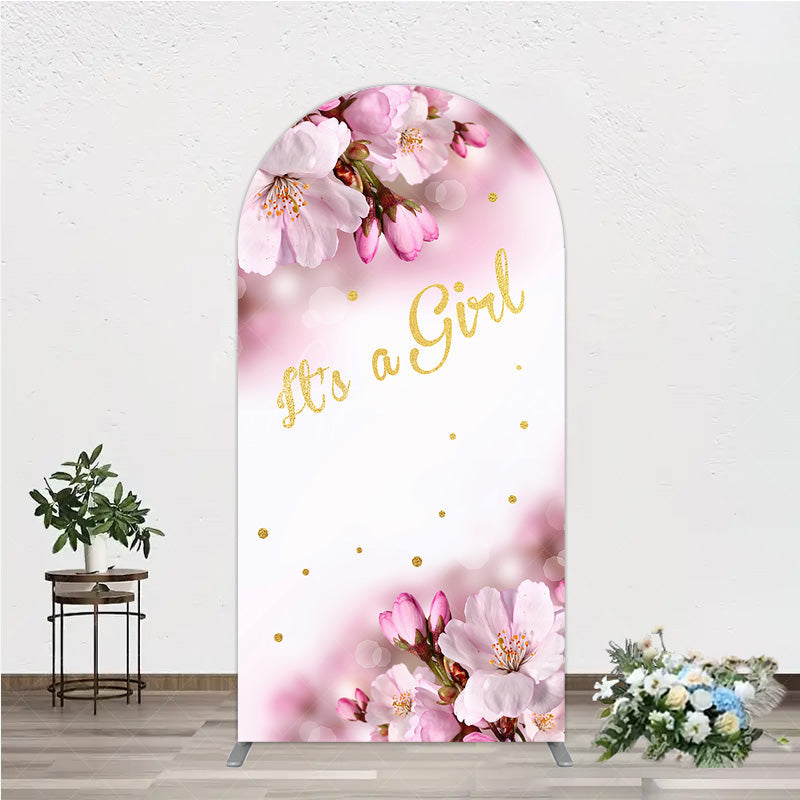 Aperturee Aperturee It’s a Girl Arch Backdrop for Baby Shower Pink Cherry Blossom and Gold Glitter Spring Floral Welcome Sign Decor