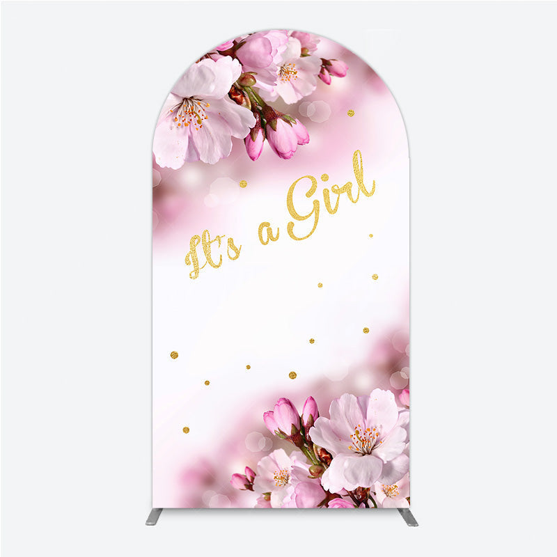 Aperturee Aperturee It’s a Girl Arch Backdrop for Baby Shower Pink Cherry Blossom and Gold Glitter Spring Floral Welcome Sign Decor