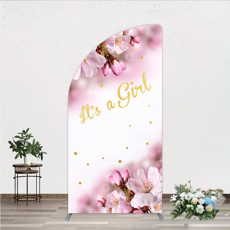 Aperturee Aperturee It’s a Girl Half Moon Arch Backdrop for Baby Shower Pink Cherry Blossom and Gold Glitter Spring Floral Welcome Sign