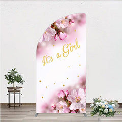 Aperturee Aperturee It’s a Girl Half Moon Arch Backdrop for Baby Shower Pink Cherry Blossom and Gold Glitter Spring Floral Welcome Sign