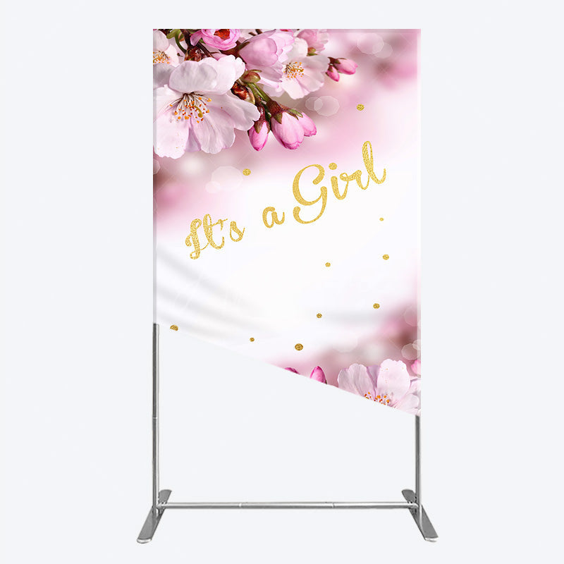 Aperturee Aperturee It’s a Girl Rectangle Backdrop for Baby Shower Pink Cherry Blossom and Gold Glitter Spring Floral Welcome Sign Decor
