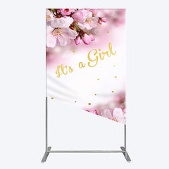 Aperturee Aperturee It’s a Girl Rectangle Backdrop for Baby Shower Pink Cherry Blossom and Gold Glitter Spring Floral Welcome Sign Decor
