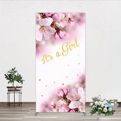 Aperturee Aperturee It’s a Girl Rectangle Backdrop for Baby Shower Pink Cherry Blossom and Gold Glitter Spring Floral Welcome Sign Decor