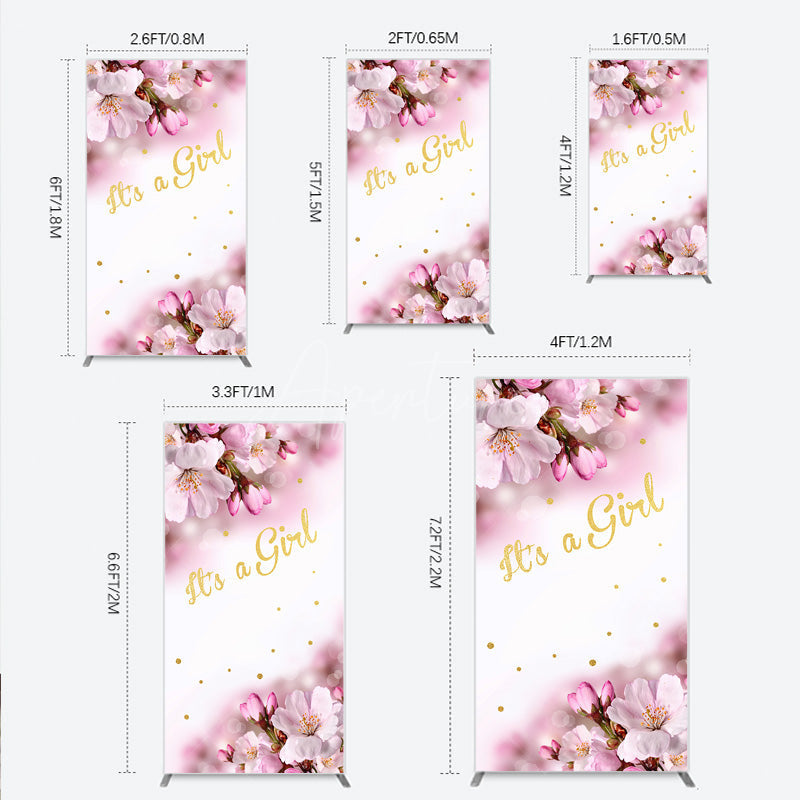 Aperturee Aperturee It’s a Girl Rectangle Backdrop for Baby Shower Pink Cherry Blossom and Gold Glitter Spring Floral Welcome Sign Decor