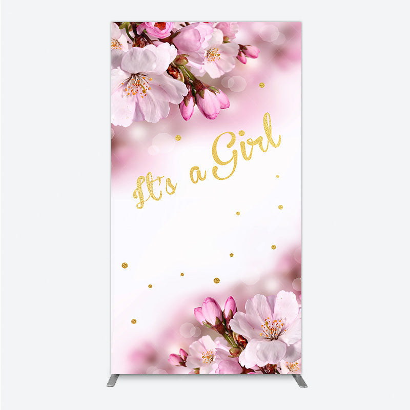 Aperturee Aperturee It’s a Girl Rectangle Backdrop for Baby Shower Pink Cherry Blossom and Gold Glitter Spring Floral Welcome Sign Decor