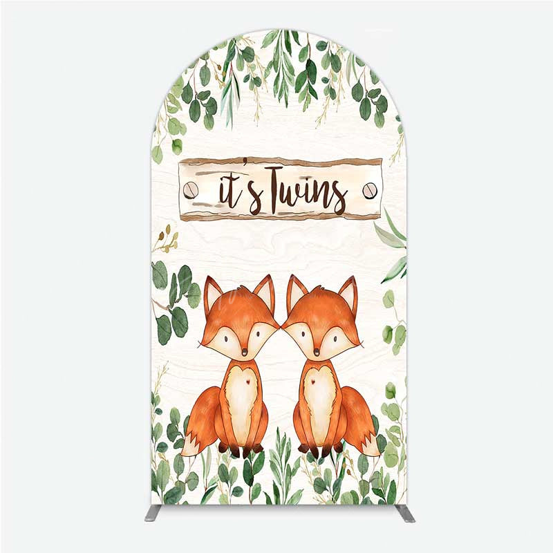 Aperturee - Aperturee It’s Twins Baby Shower Arch Backdrop Cute Fox Woodland Animals with Greenery Rustic Welcome Sign Photo Prop