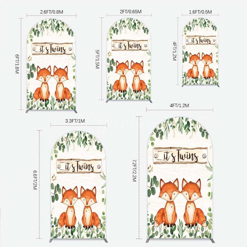 Aperturee - Aperturee It’s Twins Baby Shower Arch Backdrop Cute Fox Woodland Animals with Greenery Rustic Welcome Sign Photo Prop
