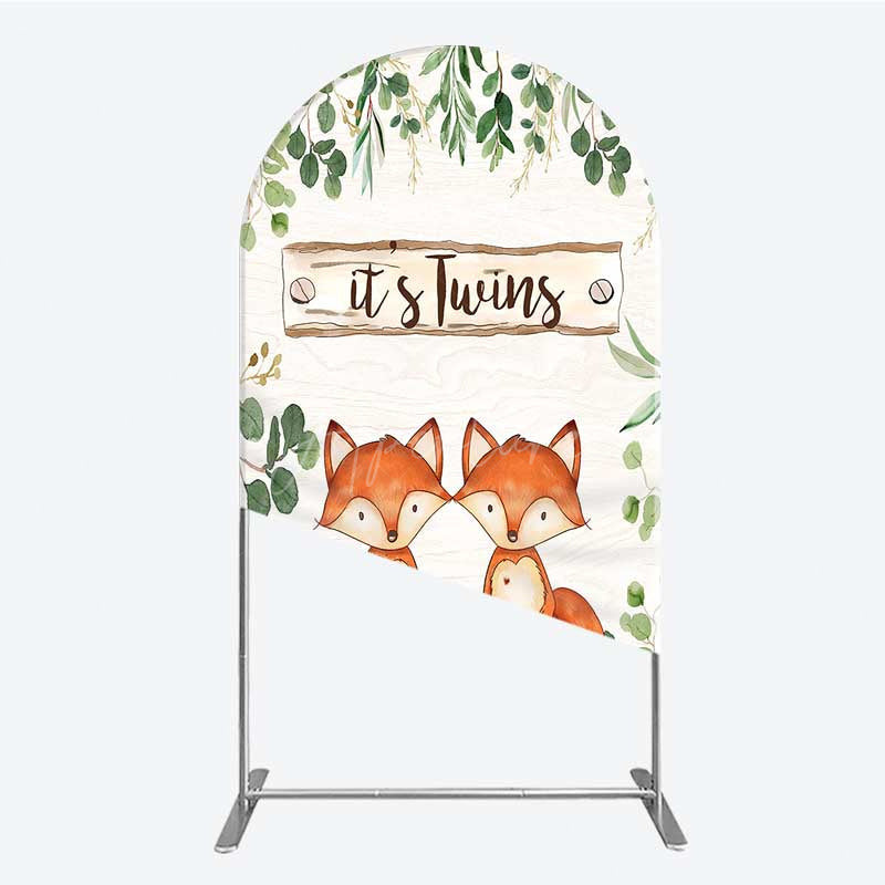 Aperturee - Aperturee It’s Twins Baby Shower Arch Backdrop Cute Fox Woodland Animals with Greenery Rustic Welcome Sign Photo Prop