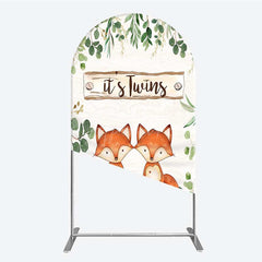Aperturee - Aperturee It’s Twins Baby Shower Arch Backdrop Cute Fox Woodland Animals with Greenery Rustic Welcome Sign Photo Prop