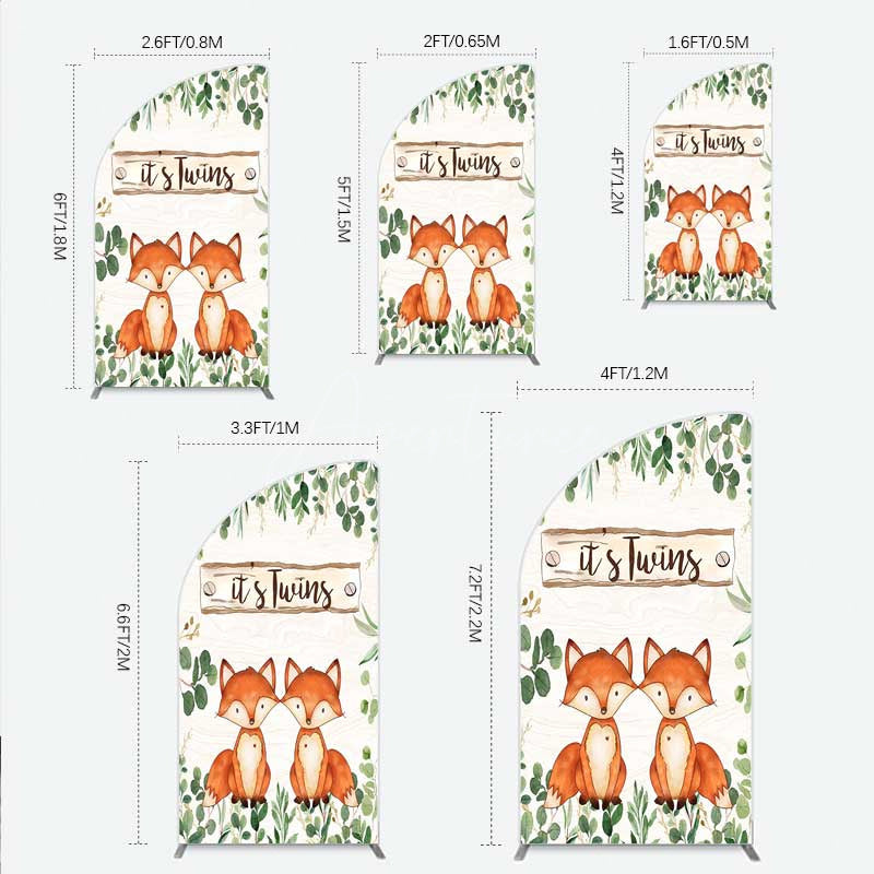 Aperturee - Aperturee It’s Twins Baby Shower Half Moon Arch Backdrop Cute Fox Woodland Animals with Greenery Rustic Welcome Sign Photo Prop