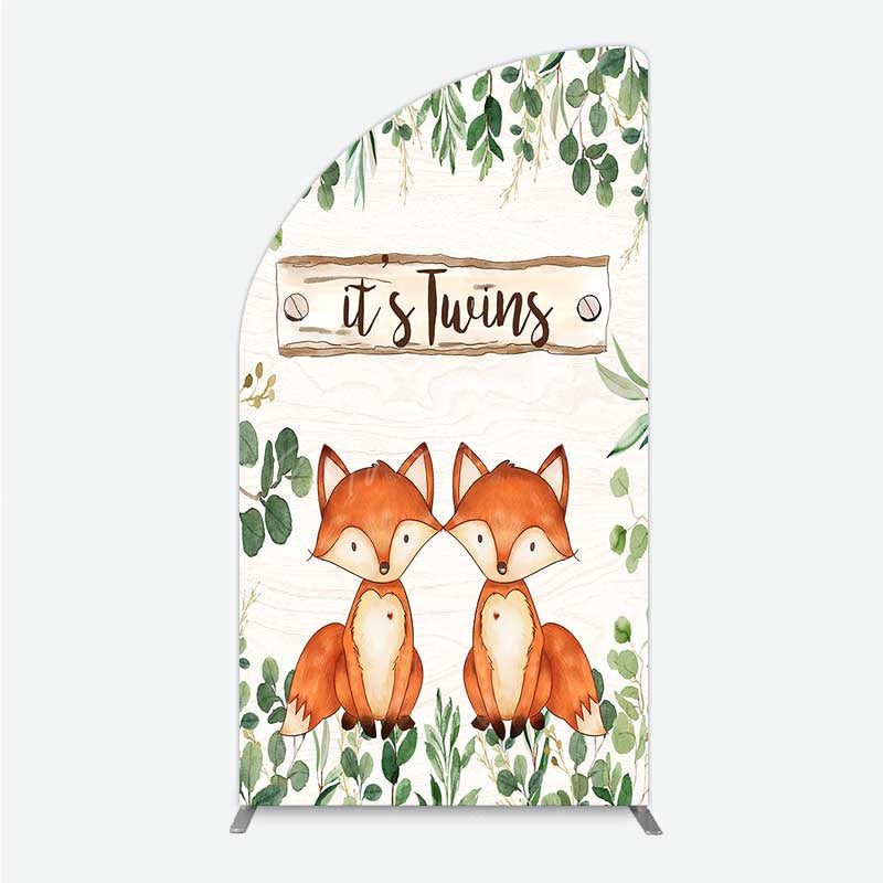 Aperturee - Aperturee It’s Twins Baby Shower Half Moon Arch Backdrop Cute Fox Woodland Animals with Greenery Rustic Welcome Sign Photo Prop