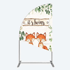 Aperturee - Aperturee It’s Twins Baby Shower Half Moon Arch Backdrop Cute Fox Woodland Animals with Greenery Rustic Welcome Sign Photo Prop