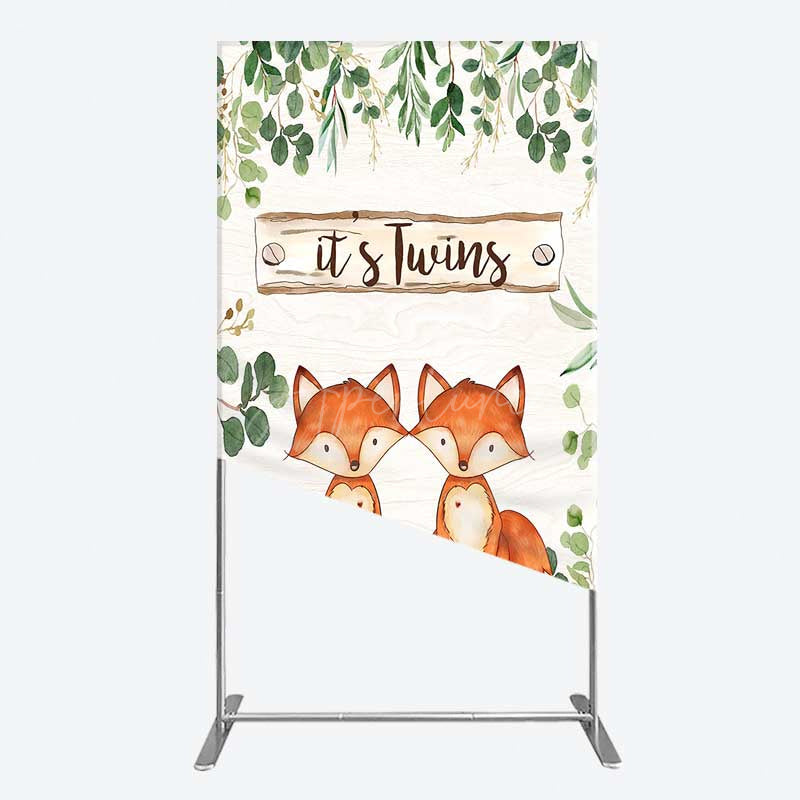Aperturee - Aperturee It’s Twins Baby Shower Rectangle Backdrop Cute Fox Woodland Animals with Greenery Rustic Welcome Sign Photo Prop