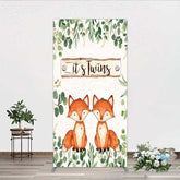 Aperturee - Aperturee It’s Twins Baby Shower Rectangle Backdrop Cute Fox Woodland Animals with Greenery Rustic Welcome Sign Photo Prop