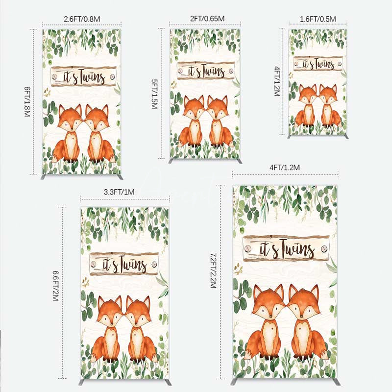 Aperturee - Aperturee It’s Twins Baby Shower Rectangle Backdrop Cute Fox Woodland Animals with Greenery Rustic Welcome Sign Photo Prop