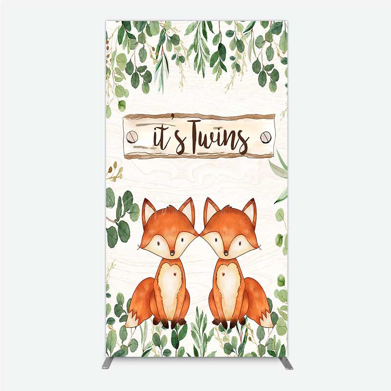 Aperturee - Aperturee It’s Twins Baby Shower Rectangle Backdrop Cute Fox Woodland Animals with Greenery Rustic Welcome Sign Photo Prop
