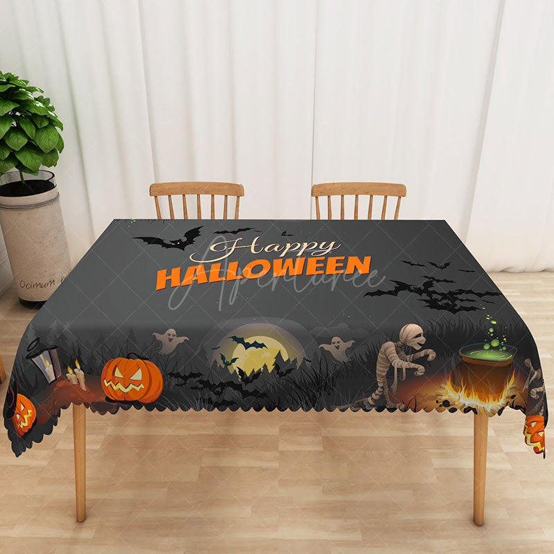 Aperturee - Aperturee Jack O’ Lantern Happy Halloween Rectangle Tablecloth for Spooky and Festive Holiday Party Decorations